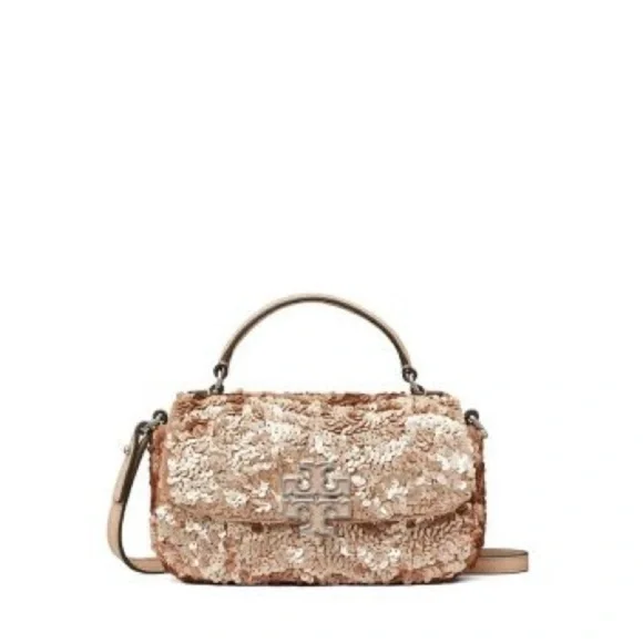 Tory Burch Britten Sequin Mini Top Handle Bag Crossbody Bag Rose Gold Silver